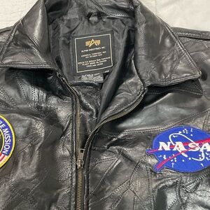 Alpha Industries Black Leather Bomber Jacket with Space Patches